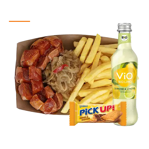 Currywurst mit Pommes und einem Pickup und Getränk als Angebot M2 im Das Curryhaus in Castrop-Rauxel